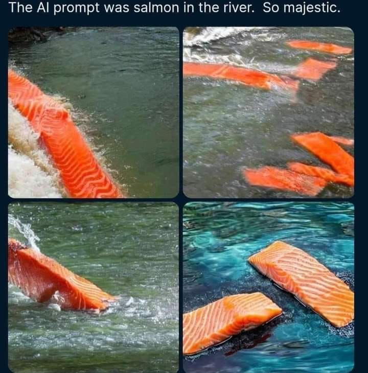 The meme is a humorous image of a salmon jumping out of the water, with a caption that reads: "The AI prompt was salmon in the river. So majestic." The image is meant to be ironic, as the AI prompt was likely meant to be something more exciting or impressive, but instead it's just a mundane description of a fish in a river.